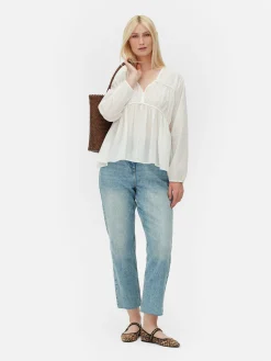 Gedrapeerde Voile Blouse Met Smokwerk