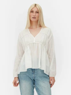 Gedrapeerde Voile Blouse Met Smokwerk