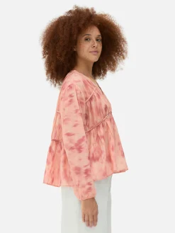 Gedrapeerde Voile Blouse Met Smokwerk