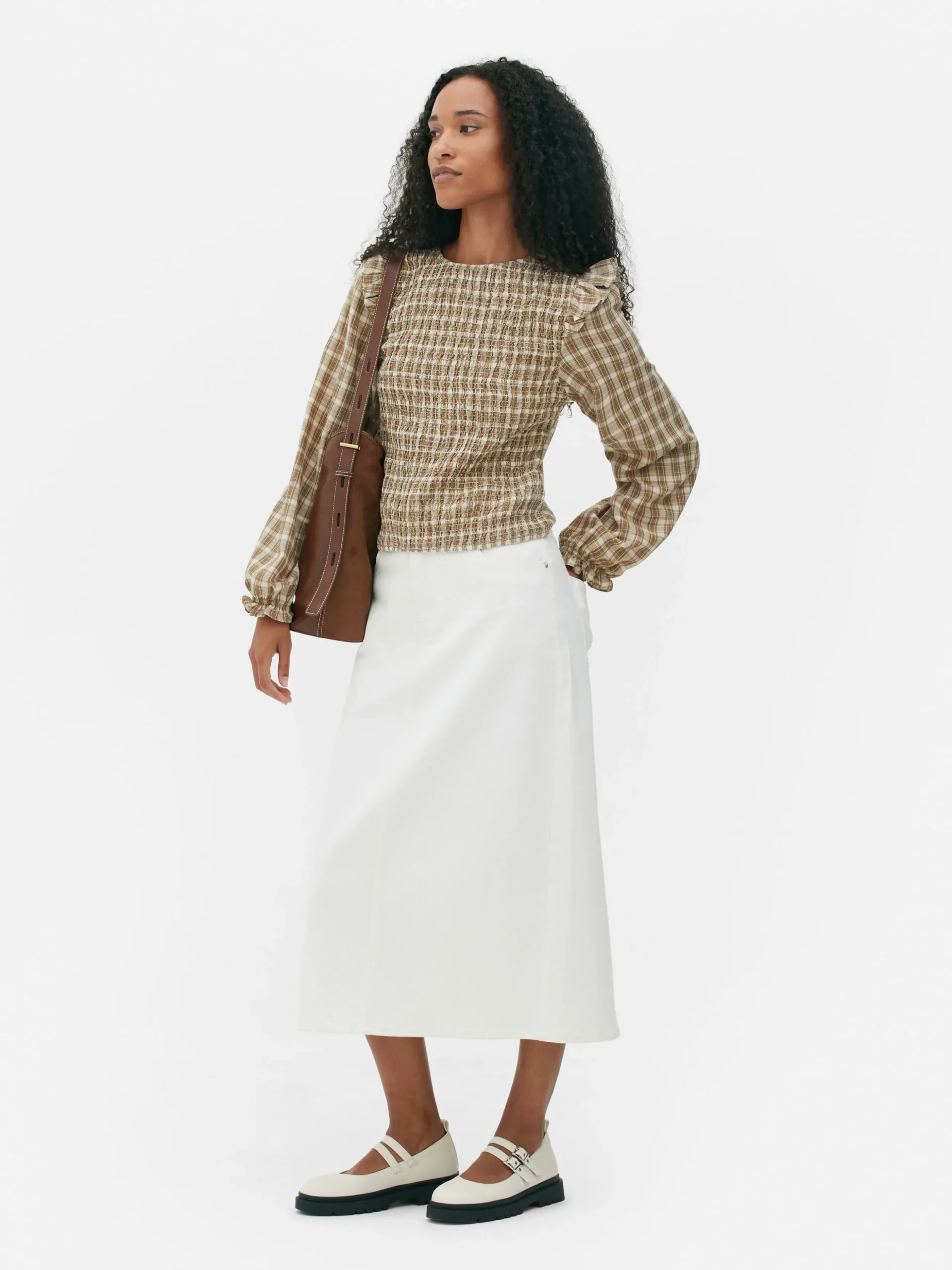 Geruite Blouse Met Lange Op Te Stropen Mouwen