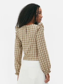 Geruite Blouse Met Lange Op Te Stropen Mouwen