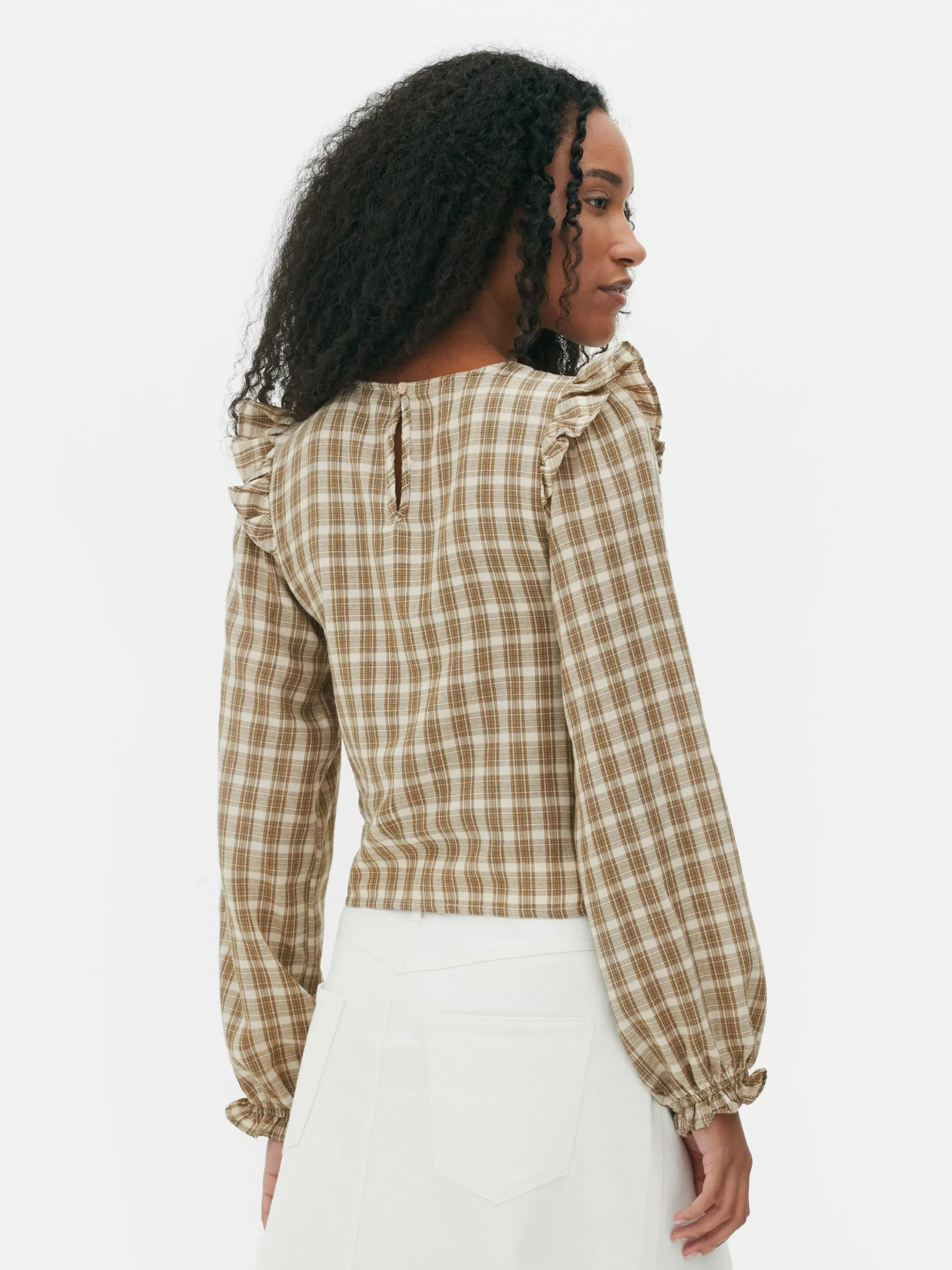 Geruite Blouse Met Lange Op Te Stropen Mouwen