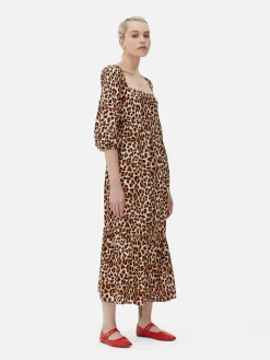 Midi-jurk Met Luipaardprint En Vierkante Hals