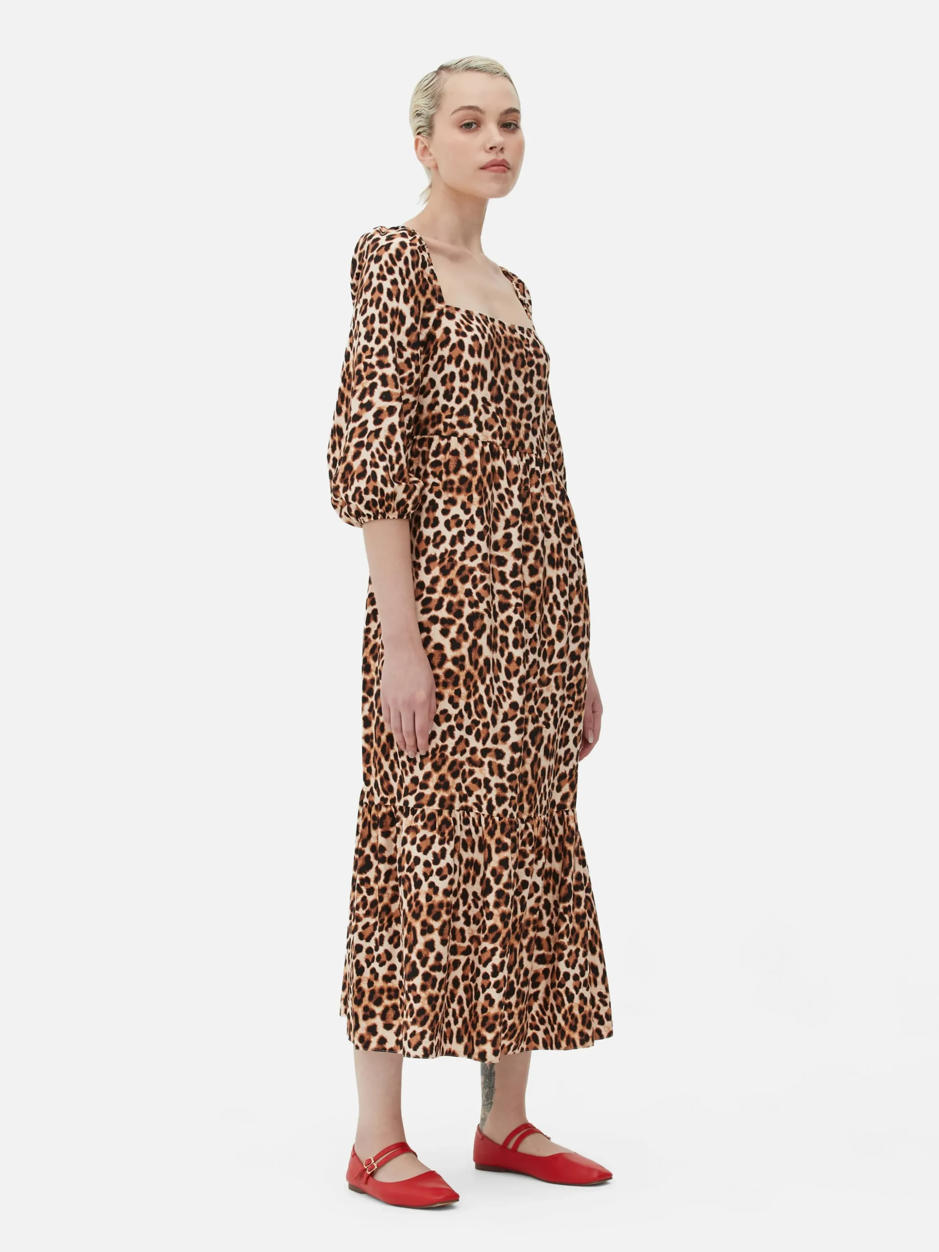 Midi-jurk Met Luipaardprint En Vierkante Hals