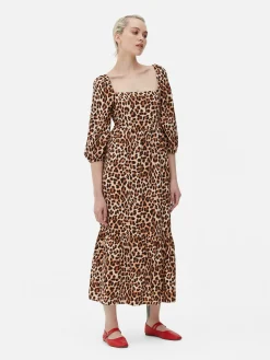 Midi-jurk Met Luipaardprint En Vierkante Hals