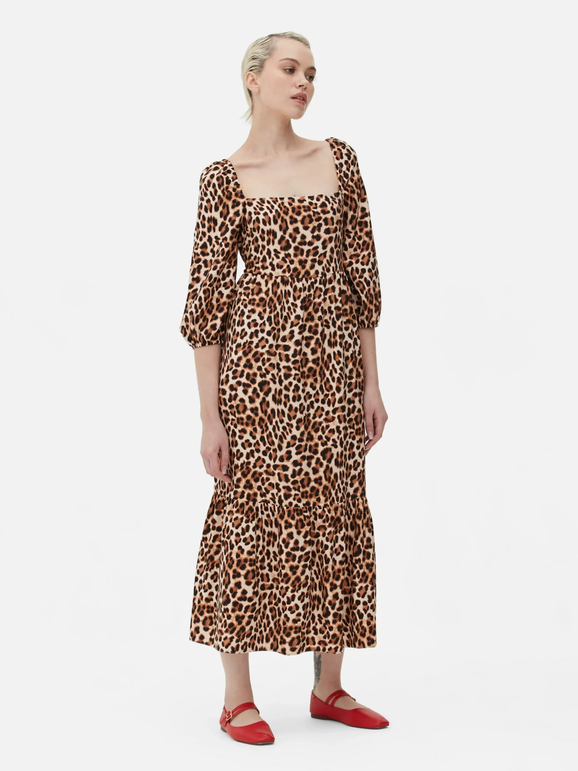 Midi-jurk Met Luipaardprint En Vierkante Hals