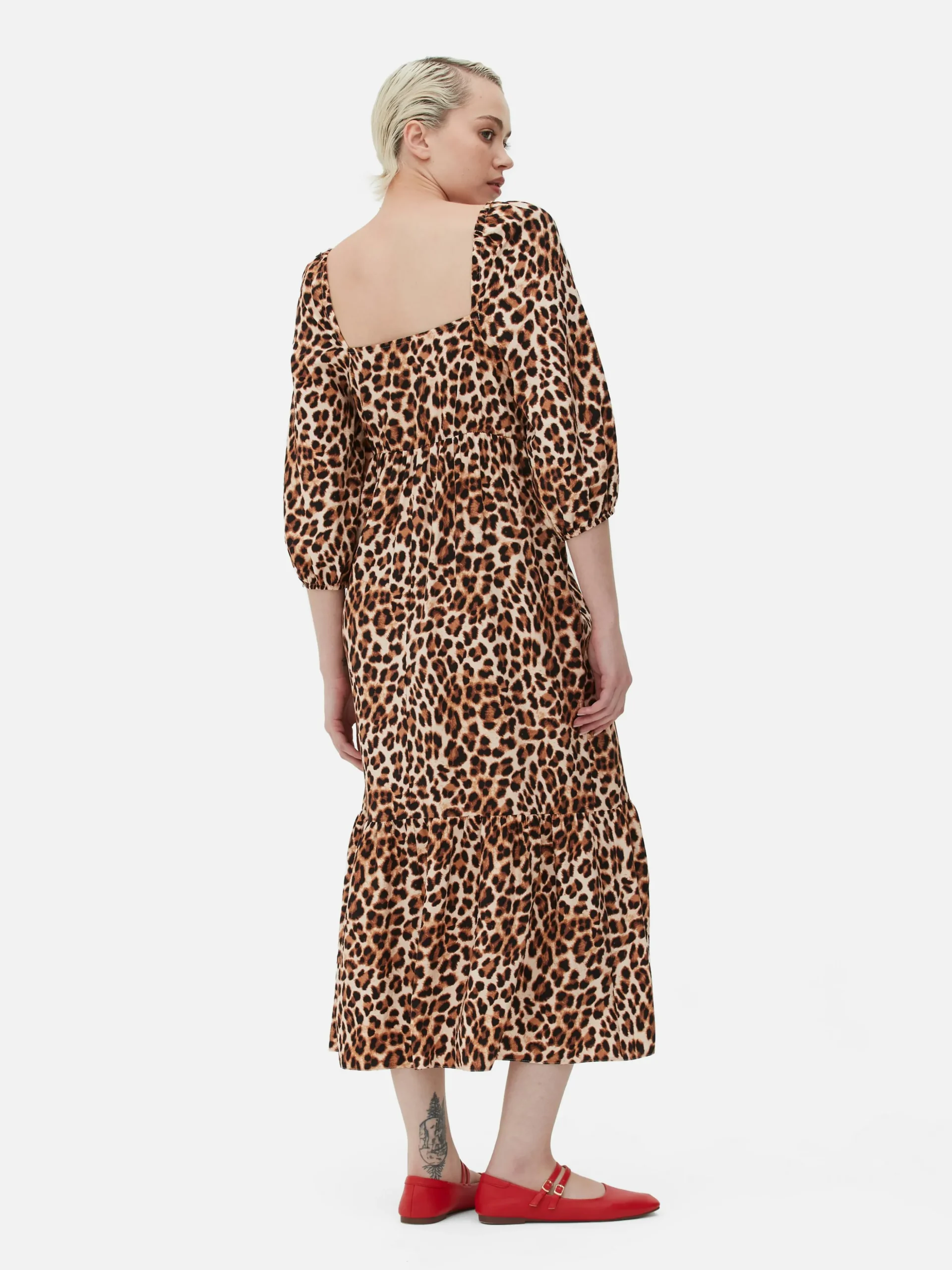 Midi-jurk Met Luipaardprint En Vierkante Hals