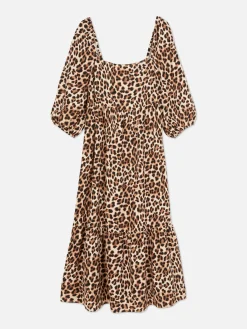 Midi-jurk Met Luipaardprint En Vierkante Hals