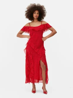 Midi-jurk Met Stippen En Ruches