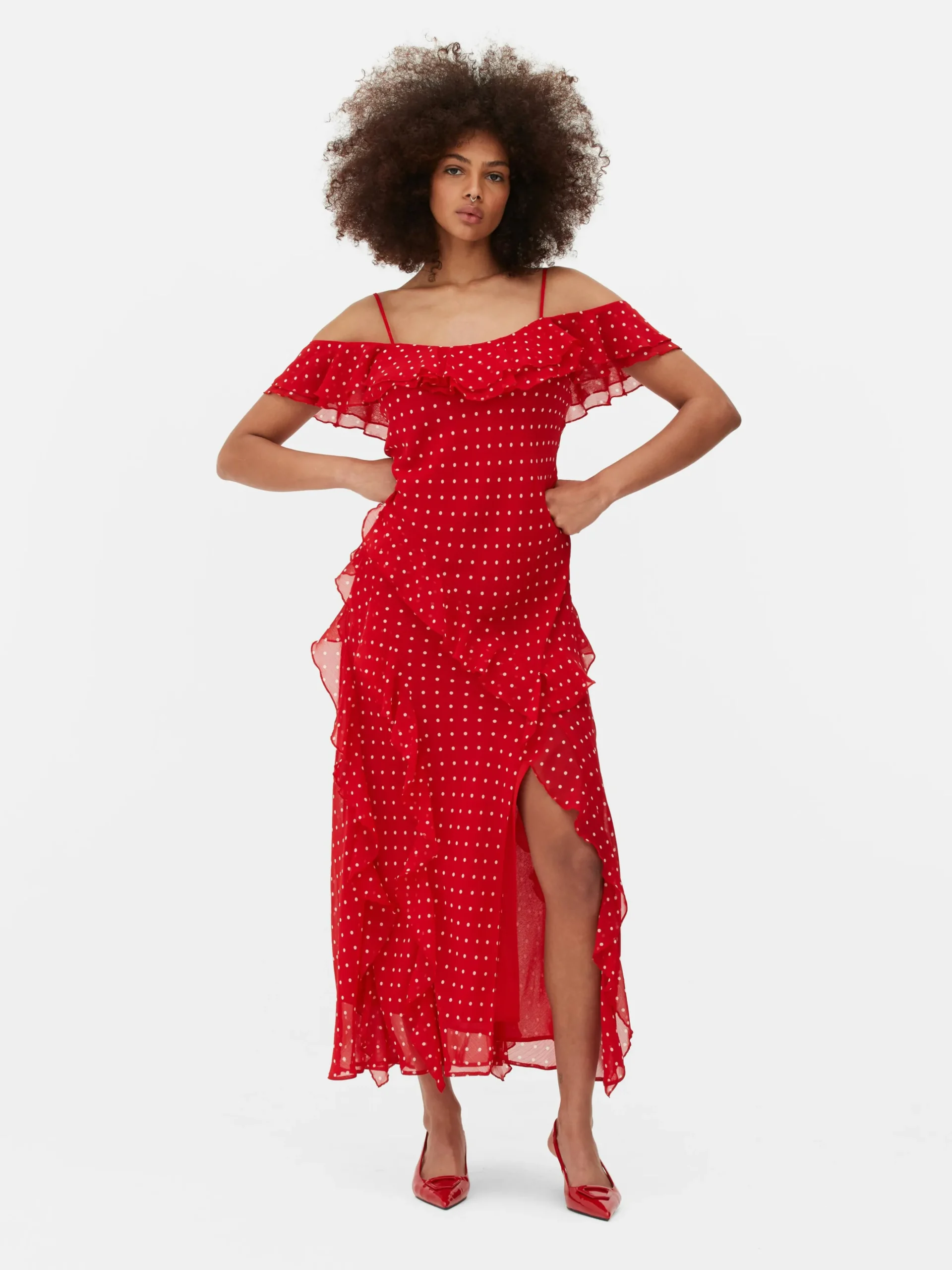 Midi-jurk Met Stippen En Ruches