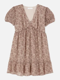 Mini-jurk Met Pofmouwen Van Chiffon